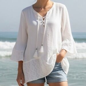 Peasant Blouse Embroidered Bell White Sz LG Boho Tassel Top Boho Coastal Summer